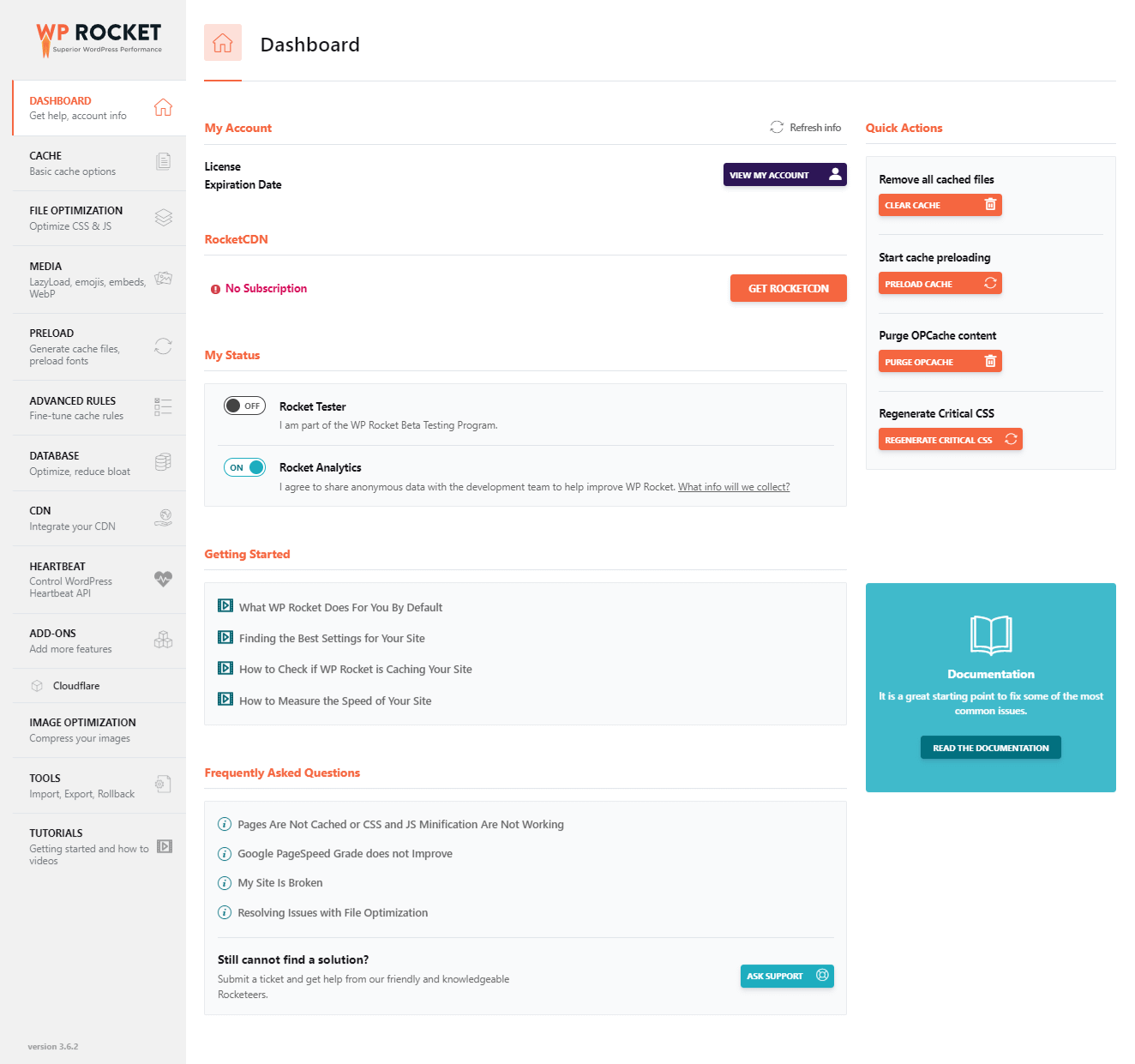 WP Rocket Dashboard